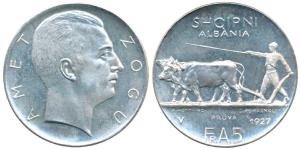Albania, Amet Zogu, Silver 5 Francs, 25g, 1927, Prova (Proof marked on rev). Proof, Rare.