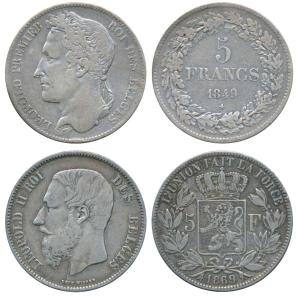 Belgium, Leopold I & Leopold II, Silver 5 Francs, 1849 &1869. About Very Fine. (2)