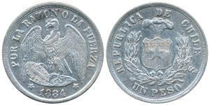 Chile, Silver Peso, 25.05g, 1884, obv. plumed arms within wreath, rev. Condor with wings s