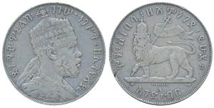 Ethiopia, Menelik II, Silver Birr, Ethiopian Era 1899 (KM 5).Very Fine.