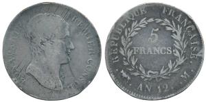 France, Napoleon as Consul, Silver 5 Francs, 1803, AN12.M (KM 659.10). Fine+.