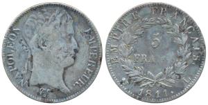France, Napoleon I, Silver 5 Francs, 1811L (KM 694.9). About Very Fine, Rare.