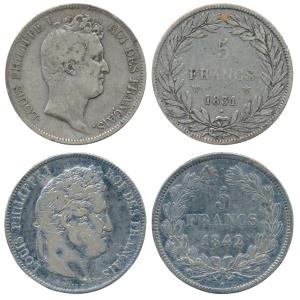 France, Louis Philippe I, Silver 5 Francs (2), both different 1831 & 1842 (KM 745&749). Fi