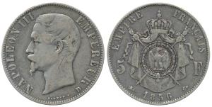 France, Napoleon III, Silver 5 Francs, 1856 (KM 782.3).Very Fine, Rare.