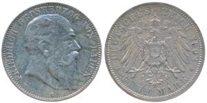 German State, Baden, Fredreik I, Silver 5 Mark, 27.7g, 1903G, (KM 274).About Very Fine, Sc