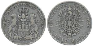 German States, Hamburg, Silver 5 Mark, 27.7g, 1876 (KM 598).Very Fine+, Rare.