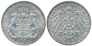 German States, Hamburg, Silver 3 Mark, 1914J (KM 620).Uncirculated, Rare.