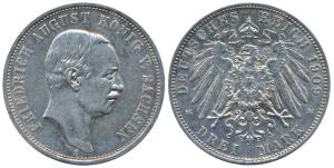 German States, Saxony, Fredrick August III, Silver 3 Mark, 18g, 1909E (KM 1267). About Unc