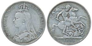 Great Britain, Victoria, Silver Crown, 28.2g, 1891, Jubilee head (KM 765). Fine+, Rare.