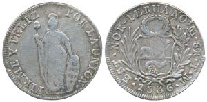 Peru, Silver 8 Reales, 27.07g, 1836, Lima Mint (KM 142.3). Ex-mount, Fine.