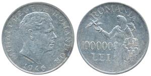 Romania, Mihai I, Silver 100000 Lei, 25.g, 1946, rev. a standing figure releasing a dove a