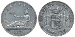 Spain, Provisional Government, Silver 5 Pesetas, 25g, 1870 (KM 655). About Extremely Fine,