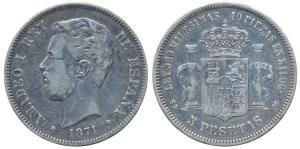Spain, Amadeo I, Silver 5 Pesetas, 24.82g, 1871, (KM 666). About Very Fine.