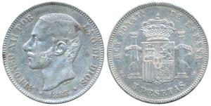 Spain, Alfonso XII, Silver 5 Pesetas, 24.72g, 1883 (KM 688). About Extremely Fine.
