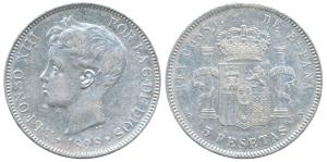 Spain, Alfonso XII, Silver 5 Pesetas, 24.72g, 1883 (KM 707). Very Fine+.
