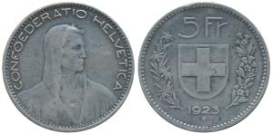 Switzerland, Silver 5 Francs, 1923 (KM 37).About Very Fine.