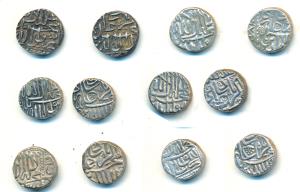 Akbar, Silver Mahmudi (6), Mulher Mint, AH 995 & 1025, with flag / dhwaja like symbol on r