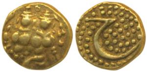 Haider Ali, Gold Fanam, 0.4g, obv. Shiva and Parvati, rev. Persian letter ‘He’ on a granul