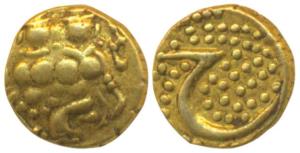 Haider Ali, Gold Fanam, 0.32g, obv. Shiva and Parvati, rev. Persian letter ‘He’ on a granu