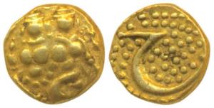 Haider Ali, Gold Fanam, 0.38g, obv. Shiva and Parvati, rev. Persian letter ‘He’ on a granu