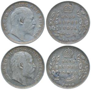 Edward VII, Silver ½ Rupee (2), 1910, Calcutta Mint (Prid 314). Fine+ and About Very Fine.