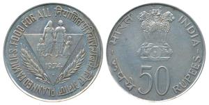 Silver Rupees 50, 1974, Planned Families Food For All.About Uncirculated.