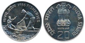 Cupro-Nickle Rupees 20, 1986, Fisheries. Brilliant Uncirculated, Rare.