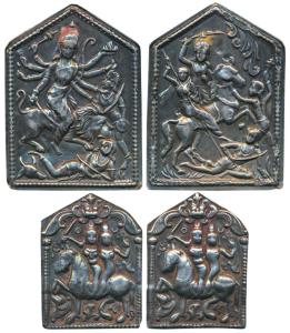 Silver Plaques (4), two big - MahishasuraMardini; Khandoba and Mhalsa killing demons Mani-