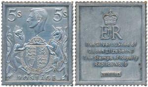 Proof Solid Sterling Silver Ingot, 20.23g, George VI, replica of a 5 Shilling stamp to com