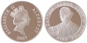 Alderney, Elizabeth II, Silver 5 Pounds, 28.28g, 2007, obv. Portrait bust of Queen Elizabe