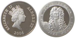 Alderne, Elizabeth II, Silver 5 Pounds, 28.28g, 2006, Great Britons Series-Sir Isaac Newto