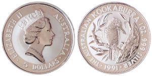 Australia, Queen Elizabeth II, Silver 1 Dollar, 31.1g, 1oz, 1991, rev. Kookaburra bird (KM