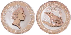 Australia, Queen Elizabeth II, Silver 1 Dollar, 31.1g, 1oz, 1992, rev. Kookaburra bird (KM