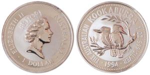 Australia, Queen Elizabeth II, Silver 1 Dollar, 31.1g, 1oz, 1994, rev. Kookaburra bird (KM