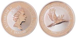 Australia, Queen Elizabeth II, Silver 1 Dollar, 31.1g, 1oz, 1996, rev. Kookaburra bird (KM