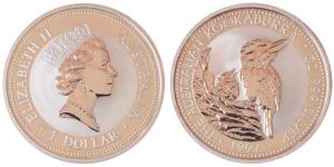 Australia, Queen Elizabeth II, Silver 1 Dollar, 31.1g, 1oz, 1997, rev. Kookaburra bird (KM