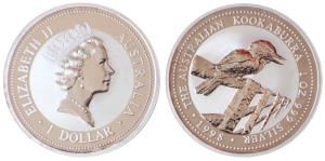 Australia, Queen Elizabeth II, Silver 1 Dollar, 31.1g, 1oz, 1998, rev. Kookaburra bird (KM