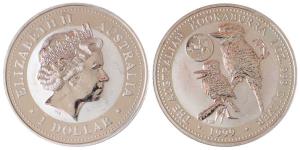 Australia, Queen Elizabeth II, Silver 1 Dollar, 31.1g, 1oz, 1999, rev. Kookaburra bird (KM