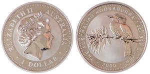 Australia, Queen Elizabeth II, Silver 1 Dollar, 31.1g, 1oz, 2000, rev. Kookaburra bird (KM