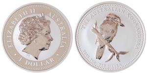 Australia, Queen Elizabeth II, Silver 1 Dollar, 31.1g, 1oz, 2005, rev. Kookaburra bird (KM