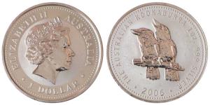 Australia, Queen Elizabeth II, Silver 1 Dollar, 31.1g, 1oz, 2006, rev. Kookaburra bird (KM