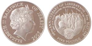 Bailiwick of Jersey, Elizabeth II, Silver 5 Pounds, 28.28g, 2005, obv. Portrait bust of Qu