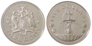 Barbados, Silver 5 Dollars, 31.1g (one ounce), 1973, obv.National Flag, rev. Shell Fountai