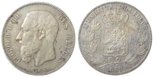 Belgium, Leopold II, Silver 5 Francs, 24.95g, 1869, (KM 24). Very Fine+.