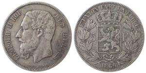 Belgium, Leopold II, Silver 5 Francs, 24.95g, 1869, (KM 24). Very Fine.