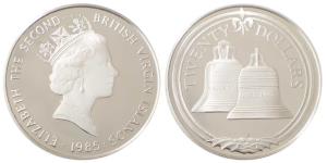 British Virgin Islands, Elizabeth II, Silver 20 Dollars, 19g, 1985, Two Bells of the ship 