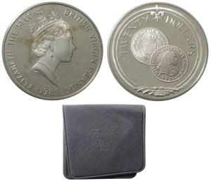 British Virgin Islands, Elizabeth II, Silver 20 Dollars, 19g, 1985, Gold escudo below deno