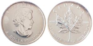 Canada, Elizabeth II, Silver 5 Dollars, 1oz, 31.1g, 2011, rev. Maple leaf. Uncirculated.