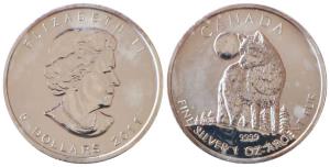 Canada, Elizabeth II, Silver 5 Dollars, 31.1g, 2011, Timber Wolf standing with moonlight i