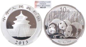 China, Silver 10 Yuan, 31.11g, 2013, Panda, Early Releases. Graded by NGC MS69.
